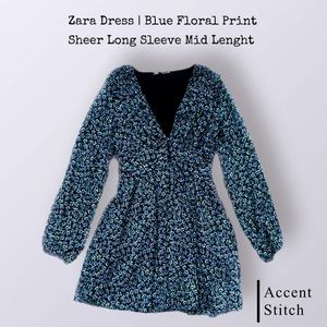 Zara Dress | Black & Blue Floral Print V Neck | Sheer Long Sleeves Size Medium